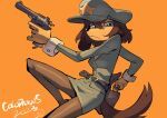  2023 anthro belt blue_eyes bottomwear canid canine canis clothing colo domestic_dog female fur gun handgun hi_res holding_gun holding_handgun holding_object holding_pistol holding_weapon mammal military_hat military_uniform misha_(colo) orange_background peaked_cap pistol ranged_weapon simple_background skirt solo tan_body tan_fur uniform weapon 