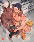  3boys abs artist_name bara barefoot biceps black_skin blonde_hair blue_eyes blue_hair blush bulge colored_skin demon demon_boy demon_horns floody_(paradiso_guardian) gym highres horns lenga_valentine looking_at_another male_focus manly mature_male multiple_boys muscular muscular_male nipples pants paradiso_guardian patreon_logo patreon_username pectoral_docking pectoral_press pectorals pointy_ears red_eyes short_hair signature smirk spiked_hair steam teeth thick_arms thick_eyebrows topless_male track_pants veins vitos_(paradiso_guardian) white_hair yuyaowl 