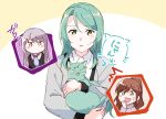  3girls :3 animal animalization aqua_hair bang_dream! black_jacket blush brown_hair cat collared_shirt commentary_request earrings green_eyes grey_jacket hair_between_eyes hikawa_hina hikawa_sayo holding holding_animal holding_cat imai_lisa jacket jewelry long_hair long_sleeves looking_at_viewer minato_yukina multiple_girls necktie open_mouth parted_lips partial_commentary pink_hair ponytail purple_necktie shirt siblings sidelocks sweatdrop toto_(sa-dosama) translation_request twins upper_body white_shirt yellow_eyes 