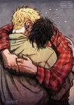 2boys arms_around_neck bad_id bad_tumblr_id bara black_hair blonde_hair blush comforting couple cris_art drunk ear_blush from_behind hand_on_another&#039;s_back head_on_another&#039;s_shoulder heads_together hug hulkling long_sideburns male_focus marvel multiple_boys mutual_hug red_shirt shirt short_hair sideburns thick_eyebrows upper_body wiccan yaoi 