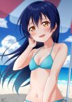  1girl absurdres beach beach_umbrella blue_hair blue_sky blush breasts cleavage cloud collarbone day hair_between_eyes haruharo_(haruharo_7315) highres long_hair looking_at_viewer love_live! love_live!_school_idol_project navel ocean open_mouth outdoors sand signature sky small_breasts smile solo sonoda_umi stomach umbrella yellow_eyes 