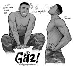  1boy abs absurdres artist_name call_of_duty call_of_duty:_modern_warfare_2 camouflage camouflage_pants character_name closed_eyes dark-skinned_male dark_skin english_text facial_hair gaz_(call_of_duty_4) greyscale highres male_focus monochrome multiple_views muscular muscular_male pants pectorals short_hair sleepyconfusedpotato smile sweat teeth topless_male 