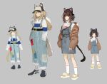  2girls animal_ear_headphones animal_ears animal_hat arms_at_sides baseball_cap belt black_belt black_footwear blonde_hair blue_overalls brown_hair cat_ear_headphones cat_tail closed_mouth commentary_request dog_tail fake_animal_ears full_body grey_background hands_in_pockets hat headphones kmnz long_hair long_sleeves looking_at_viewer mc_lita mc_liz multiple_girls multiple_views overall_skirt overalls ponytail purple_eyes seimannu shoes short_hair simple_background sneakers socks standing sweater tail virtual_youtuber white_socks white_sweater yellow_footwear 