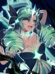  1girl absurdres ahoge alternate_hair_length alternate_hairstyle arm_up black_bow bow breasts collarbone crown dress drill_hair glowing glowing_eyes glowing_tattoo green_eyes green_hair gwen_(league_of_legends) hair_bow highres large_breasts league_of_legends long_hair looking_at_viewer ruined_(league_of_legends) smile solo twin_drills twintails yoshimori_isa 