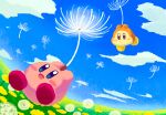  aruco_co blue_sky blush_stickers cloud colored_skin commentary_request dandelion dandelion_seed field flower flower_field highres kirby kirby_(series) no_humans open_mouth pink_skin sky smile solid_oval_eyes waddle_dee 