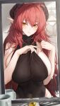  1girl absurdres black_leotard blush breasts covered_navel cup demon_horns highres horns huge_breasts indoors isabella_(marse) leotard long_hair looking_at_viewer marse_(rokudaime) messy_hair mirror mole mole_under_mouth mug original pointy_ears red_hair reflection sideboob skindentation solo tan tanlines very_long_hair yellow_eyes 