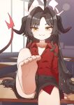  1girl :3 ahoge barefoot black_hair black_shorts blue_archive closed_mouth demon_girl demon_horns desk feet foot_focus foot_out_of_frame halo highres horns indoors kasumi_(blue_archive) leg_up long_hair looking_at_viewer mountain_han on_desk presenting_foot red_shirt school_desk shirt shorts sitting smile soles solo toe_scrunch toenails toes yellow_eyes 