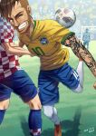  2018 3boys alsea arm_tattoo artist_name ball brazil multiple_boys neymar one_eye_closed real_life short_hair smile soccer soccer_field soccer_uniform sportswear tattoo 