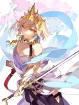  1girl artist_name bare_shoulders black_pants blonde_hair breasts cleavage closed_mouth cowboy_shot cyenmi3 djeeta_(granblue_fantasy) eyeliner flower granblue_fantasy hagoromo hair_tubes headpiece highres holding holding_sword holding_weapon jewelry looking_at_viewer makeup medium_breasts necklace orange_hair pants ring robe rose shawl sheath short_hair solo standing sword vambraces weapon white_flower white_robe white_rose yamato_(granblue_fantasy) 