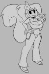  2023 5_fingers american_red_squirrel anthro big_breasts bottomwear breasts buckteeth buxy clothed clothing digital_drawing_(artwork) digital_media_(artwork) female fingers fluffy fluffy_tail full-length_portrait fur gesture greyscale hair hi_res izzy_(buxy) mammal midriff monochrome navel pine_squirrel ponytail portrait rodent sciurid simple_background slightly_chubby slightly_chubby_anthro slightly_chubby_female smile solo tail teeth topwear tree_squirrel v_sign 