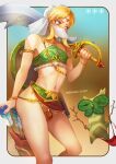  1boy arrow_(projectile) artist_name bare_shoulders blonde_hair blue_background blue_eyes blue_lips blurry blurry_background breasts brown_background bulge chastity_cage crossdressing feet_out_of_frame gerudo_set_(zelda) gradient_background highres holding korok link looking_to_the_side male_focus medium_breasts midriff mouth_veil nail_polish navel no_panties otoko_no_ko parted_bangs pink_nails quiver scimitar shadow shield_on_back solo steamed_egg sword the_legend_of_zelda the_legend_of_zelda:_breath_of_the_wild thighs veil weapon white_sleeves 