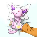  bedding bedwetting blanket bodily_fluids diaper eeveelution espeon eyes_closed foot_grab generation_2_pokemon genital_fluids hi_res horuru lying nintendo on_back pillow pink_body pink_tail pokemon pokemon_(species) simple_background tail urine wetting 