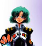  1990s_(style) 1girl aqua_hair blue_eyes blush bob_cut body_armor bodysuit commentary_request emblem gradient_background happy headwear_removed helmet helmet_removed komillia_maria_jenius kotobuki_kazuki macross macross_2036 mikimoto_haruhiko_(style) pc_engine pilot pilot_suit retro_artstyle scan science_fiction smirk spacesuit u.n._spacy upper_body 