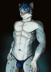  abs absurd_res anthro blue_body blue_fur blue_hair bulge clothing felid fur gradient_background hair hand_on_hip hand_on_leg hand_on_thigh hi_res looking_at_viewer male mammal muscular muscular_male orange_eyes pantherine simple_background smile snow_leopard solo underwear za-owl 