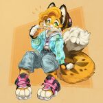  ambiguous_gender anthro candy cheetah clothed clothing dessert digital_media_(artwork) felid feline fluffy fluffy_tail food fully_clothed fur furgonomics green_eyes hndmdy lollipop mammal open_toe_footwear simple_background smile smiling_at_viewer solo tail yellow_body yellow_fur 