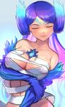  1girl arm_under_breasts bare_shoulders breast_hold breasts brighid_(xenoblade) chest_jewel cleavage closed_eyes closed_mouth collarbone commentary_request gloves head_wings highres large_breasts long_hair multicolored_hair purple_hair r123 sarashi simple_background smile solo swept_bangs upper_body very_long_hair wings xenoblade_chronicles_(series) xenoblade_chronicles_2 