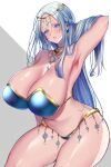  1girl aizawa_chihiro arm_behind_head arm_up armpits bare_shoulders bikini blue_eyes blush breasts cleavage collarbone cowboy_shot forehead_jewel head_chain highres huge_breasts long_hair looking_at_viewer navel open_mouth original simple_background solo swimsuit thighs white_hair 