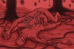  blue_eyes bodily_fluids clawed_fingers demogorgon duo female floating_rocks genital_fluids hand_holding humanoid licking_stomach lying male male/female monster muscular muscular_female on_back pinned_to_ground plant precum red_lighting sasha_demogorgon stranger_things teasing vecna_(stranger_things) vines 