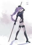  1girl arc_the_lad black_thighhighs boots breasts closed_mouth gloves hat kukuru_(arc_the_lad) long_hair looking_at_viewer ponytail protected_link purple_eyes purple_hair save_scene_a simple_background solo thigh_boots thighhighs weapon white_background 