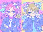  2boys alternate_hairstyle blonde_hair blue_background blue_jacket blue_sweater bow closed_mouth crossed_arms ensemble_stars! green_eyes hair_bow happypuppy_guu heart highres jacket long_sleeves looking_at_viewer male_focus multicolored_background multiple_boys multiple_hair_bows one_eye_closed oukawa_kohaku pink_background pink_hair purple_background purple_eyes shiratori_aira_(ensemble_stars!) shirt short_hair short_twintails star_(symbol) sweater twintails unicorn v white_shirt yellow_background 