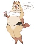  anthro belly beverage big_belly big_breasts black_bottomwear black_clothing black_shorts bottomwear bracelet breasts brown_eyes bulging_breasts bush_dog canid canine chest_tuft claws cleavage cleavage_overflow clothed clothing container cup digital_drawing_(artwork) digital_media_(artwork) english_text feet female fingers fur hi_res holding_container holding_cup holding_object jewelry mammal midriff navel overweight punkin_(punkinbuu) punkinbuu shirt shorts simple_background snout solo speech_bubble tan_body text thick_thighs toes topwear tuft white_background white_clothing white_shirt white_topwear 