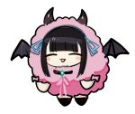  1girl :3 alternate_costume black_hair black_horns black_wings blue_ribbon blunt_bangs blush_stickers chibi closed_eyes commentary_request cosplay demon_horns demon_wings denonbu facing_viewer floating full_body horns open_mouth pink_ribbon pomemori pomemori_(cosplay) reml ribbon simple_background smile solo tsuzutsu white_background wings 