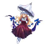  1girl blonde_hair blue_bow blue_ribbon bow dress elbow_gloves full_body game_cg gap_(touhou) gloves hair_bow hat hat_ribbon highres holding holding_umbrella looking_at_viewer low-braided_long_hair parasol perfect_cherry_blossom purple_dress ribbon rotte_(1109) simple_background solo third-party_source touhou touhou_lost_word umbrella wavy_hair white_background white_footwear white_gloves white_headwear white_umbrella yakumo_yukari yellow_eyes 