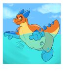  anthro dinosaur floating hi_res horn inflatable inflatable_toy male partially_submerged pool_toy pteri reptile scalie shaded simple_background simple_shading solo spines swimming 