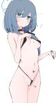  1girl aqua_eyes bikini black_bikini black_choker blue_archive blue_hair blue_halo blush choker closed_mouth halo highres holding holding_marker long_hair looking_at_viewer marker mikozin navel pussy_juice simple_background solo standing swimsuit thighs white_background 