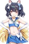  animal_ears bell black_hair blue_ribbon blue_skirt blush cat_ears cheerleader choker elbow_gloves fukumaru_koito gloves hair_ornament hair_ribbon hairclip idolmaster idolmaster_shiny_colors jingle_bell midriff nannacy7 navel neck_bell open_mouth pleated_skirt pom_pom_(cheerleading) purple_eyes ribbon sailor_collar skirt star_(symbol) twintails white_gloves white_ribbon 