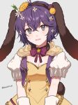  1girl animal_ears bangs bernadetta_von_varley bow bowtie breasts cleavage commentary dress fake_animal_ears fire_emblem fire_emblem:_three_houses fire_emblem_heroes grey_background grey_eyes hair_between_eyes highres looking_at_viewer official_alternate_costume open_mouth peach11_01 puffy_short_sleeves puffy_sleeves purple_bow purple_bowtie purple_hair rabbit_ears short_hair short_sleeves simple_background solo upper_body yellow_dress 