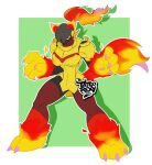  3_toes 4_fingers anthro armarouge armor claws clothing colored_nails feet female fingers fire generation_9_pokemon nails nintendo paws pink_nails pokemon pokemon_(species) red_body red_eyes simple_background solo tail tattoorexy toes yellow_clothing 