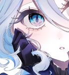  1girl black_gloves blue_eyes blue_hair close-up eye_focus furina_(genshin_impact) genshin_impact gloves hair_between_eyes highres light_blue_hair light_blush looking_at_viewer onenne_x open_mouth sidelocks simple_background solo white_background 