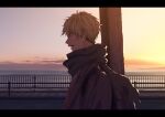  1boy backpack bag closed_eyes cloud ear_piercing facing_to_the_side fence given light_green_hair male_focus multiple_piercings nagii_(nmncrss) ocean open_mouth piercing road scarf short_hair sky smile solo street sunset teeth upper_body upper_teeth_only yoshida_yuki_(given) 