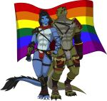  2023 absurd_res alligator alligatorid alpha_channel anthro armor beard belt black_beard black_hair black_mustache blue_body buckle clothing codpiece crocodilian cuisse digital_media_(artwork) dragon duo facial_hair flag_(object) green_body green_scales hair hand_holding hi_res legband lgbt_pride looking_aside looking_at_another looking_at_partner looking_down male muscular muscular_anthro muscular_male mustache nipples pride_colors rainuja red_clothing red_eyes red_scarf red_speedo red_swimwear reptile sabatons scales scalie scarf schynbalds sek-raktaa simple_background sparksstars spaulder speedo standing straps swimwear tail tail_tuft teeth_showing thighband transparent_background tuft unconvincing_armor vambrace white_body yellow_eyes yellow_sclera 