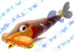  animal_focus arrokuda black_eyes bread commentary_request fish food lettuce mouth_hold no_humans pokemon pokemon_(creature) ropie_(h_m_pi_l) sandwich sideways_glance sliced_cheese solo white_background 