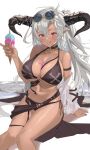  1girl absurdres arm_support bikini black_bikini breasts cleavage dark-skinned_female dark_skin dragon_horns draph eyewear_on_head fediel_(granblue_fantasy) food granblue_fantasy grey_hair hair_between_eyes highres holding_ice_cream_cone horns ice_cream large_breasts licking_lips long_hair navel off_shoulder purple_eyes round_eyewear simple_background sitting smile solo swimsuit tongue tongue_out very_long_hair white_background wuzhu_nis 