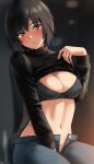  1girl absurdres amagami black_bra black_hair black_sweater bra breasts brown_eyes cleavage clothes_lift cowboy_shot denim grey_pants highres jeans lifted_by_self medium_breasts nanasaki_ai navel open_fly pants short_hair signature sitting solo sweater sweater_lift twitter_username underwear yoo_tenchi 