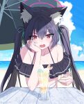  1girl aji_aji_nori animal_ear_fluff animal_ears bare_shoulders beach_umbrella bikini black_bikini black_hair blue_archive cat_ears cloud day elbow_rest fang food frilled_bikini frills hair_between_eyes hair_ribbon halo highres holding holding_spoon horizon ice_cream long_hair looking_at_viewer ocean open_mouth outdoors red_eyes ribbon serika_(blue_archive) serika_(swimsuit)_(blue_archive) skin_fang slit_pupils solo spoon sundae swimsuit table twintails twitter_username umbrella upper_body v-shaped_eyebrows water watermark 