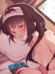  1girl blush breasts brown_hair fate/grand_order fate_(series) hairband highres large_breasts long_hair looking_at_viewer lying mitsurugi_sugar nintendo_switch nude on_bed on_stomach osakabehime_(fate) parted_lips pillow purple_eyes smile solo sweat textless_version very_long_hair 