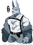  abstract_background anthro belt belt_buckle bottomwear clothing g0athic greyscale hi_res jacket lagomorph leporid long_ears looking_at_viewer male mammal monochrome muscular muscular_anthro muscular_male pants rabbit shirt shirt_collar solo standing thought_bubble topwear white_clothing white_shirt white_topwear 