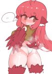 ... 1girl absurdres ahoge animal_ears ass bare_shoulders bird_ears bird_legs bird_tail blush breasts brown_tank_top coco_(eogks) feathers harpy highres large_breasts long_hair looking_back monster_girl nn_(eogks) original panties red_feathers red_hair red_wings simple_background spoken_ellipsis tail tank_top underwear wavy_mouth white_background white_panties winged_arms wings 