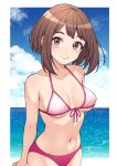  1girl absurdres arms_behind_back bare_arms bikini bob_cut boku_no_hero_academia breasts breasts_apart brown_eyes brown_hair closed_mouth collarbone commentary cowboy_shot front-tie_top halterneck highres kobaji looking_at_viewer medium_breasts medium_hair mismatched_bikini navel ocean outside_border sidelocks sky smile solo string_bikini swimsuit uraraka_ochako water 