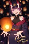  1girl absurdres bare_shoulders bob_cut breasts eyeliner fangs fate/grand_order fate_(series) headpiece highres horns izanaware_game lantern looking_at_viewer makeup oni oni_horns open_mouth paper_lantern purple_eyes purple_hair short_hair shuten_douji_(fate) skin-covered_horns small_breasts smile solo 