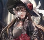  1girl bad_id bad_twitter_id black_dress black_eyes blurry blurry_background breasts brown_hair choker christine_(housamo) cleavage dress earrings flower frilled_choker frilled_dress frills half_mask hat hat_feather jewelry long_hair looking_at_viewer mask open_mouth puffy_short_sleeves puffy_sleeves red_flower red_rose rose short_sleeves smile solo tass_commuovere tokyo_afterschool_summoners upper_body 