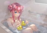  1girl absurdres bath bathing bathroom bathtub blue_eyes blush bocchi_the_rock! breasts closed_mouth collarbone completely_nude double_bun gotou_hitori hair_bun hands_up highres indoors knees_up large_breasts looking_at_object nude partially_submerged pink_hair rainbow--chaser rubber_duck sidelocks sitting solo steam sunlight water wet wet_hair 