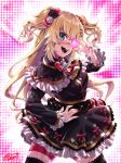  1girl akai_haato akai_haato_(5th_costume) black_dress black_thighhighs blonde_hair blue_eyes bow buru-dai dress eyepatch gothic_lolita hair_bow hair_ornament hand_on_own_hip heart heart_hair_ornament highres hololive lolita_fashion long_hair looking_at_viewer nail_polish official_alternate_costume open_mouth red_bow red_nails smile teeth thigh_strap thighhighs two_side_up upper_teeth_only v v_over_eye virtual_youtuber x_hair_ornament 