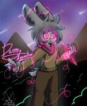  anthro danny_arcadia hi_res lagomorph leporid lukkylk magic magic_user male mammal neon_lights night rabbit shaded simple_background simple_eyes simple_shading solo solo_focus 