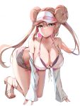  1girl all_fours breasts brown_hair cleavage closed_mouth collarbone detached_sleeves double_bun doughnut_hair_bun floating_hair full_body green_eyes hair_bun highres large_breasts long_hair long_sleeves momdy_(talesshinja) open_clothes open_shirt pokemon pokemon_bw2 rosa_(pokemon) short_shorts shorts simple_background smile solo twintails very_long_hair visor_cap 