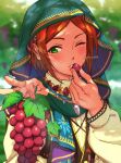  1boy aoi_hinata blurry blurry_background blush brown_hair eating ensemble_stars! food fruit grapes green_eyes holding holding_food holding_fruit jewelry long_sleeves looking_at_viewer male_focus necklace one_eye_closed solo togi9999 twitter_username upper_body veil 
